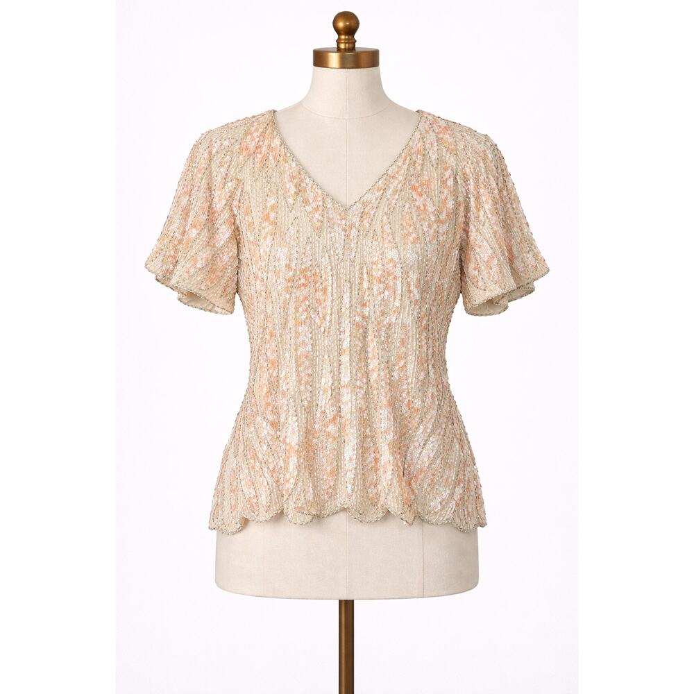 Vintage Beaded Top Sequins Pink White Silver Short Sleeve Small Glam Disco